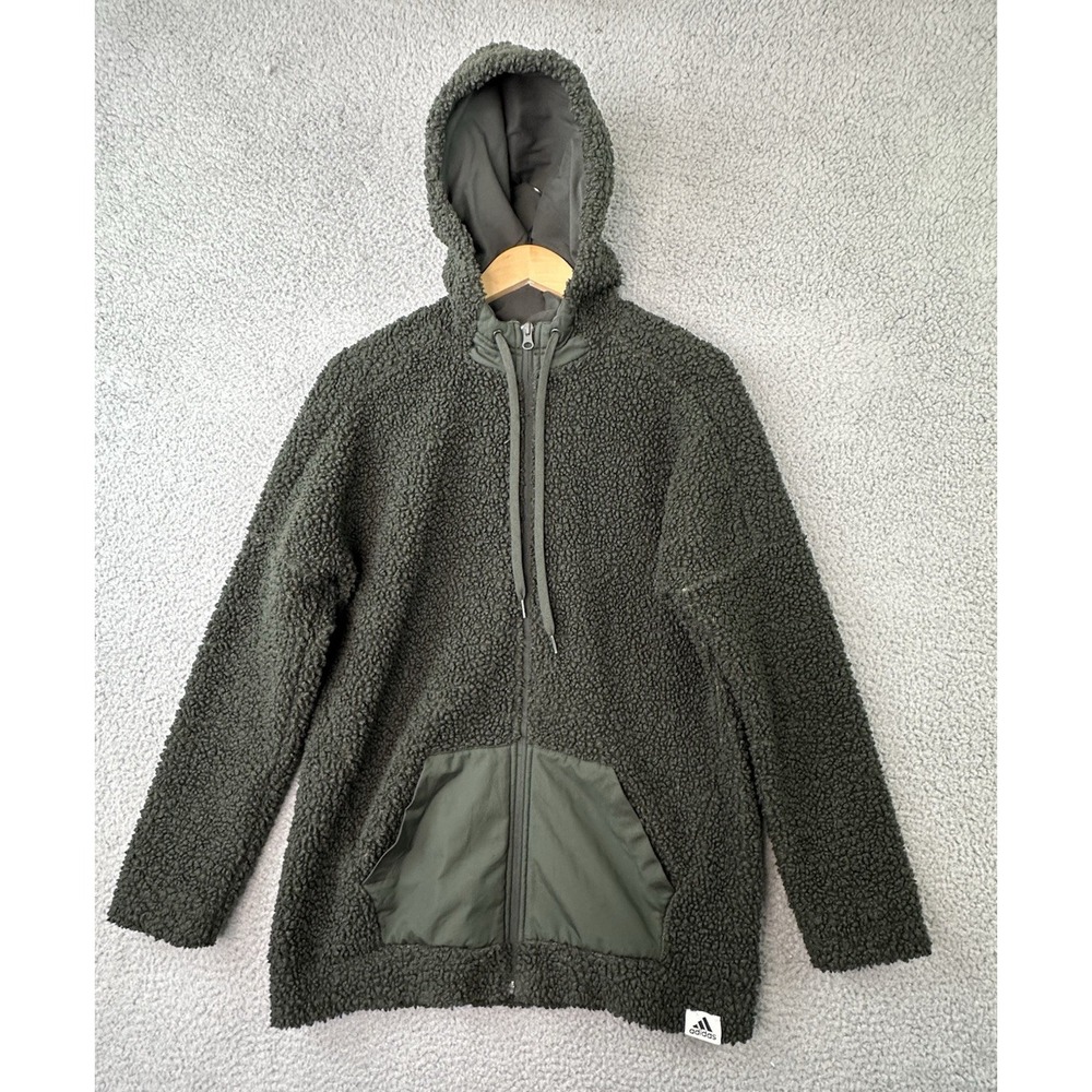 Adidas Brilliant Basics HoodiemJacket Women Medium Green Pile Sherpa Fleece Zip